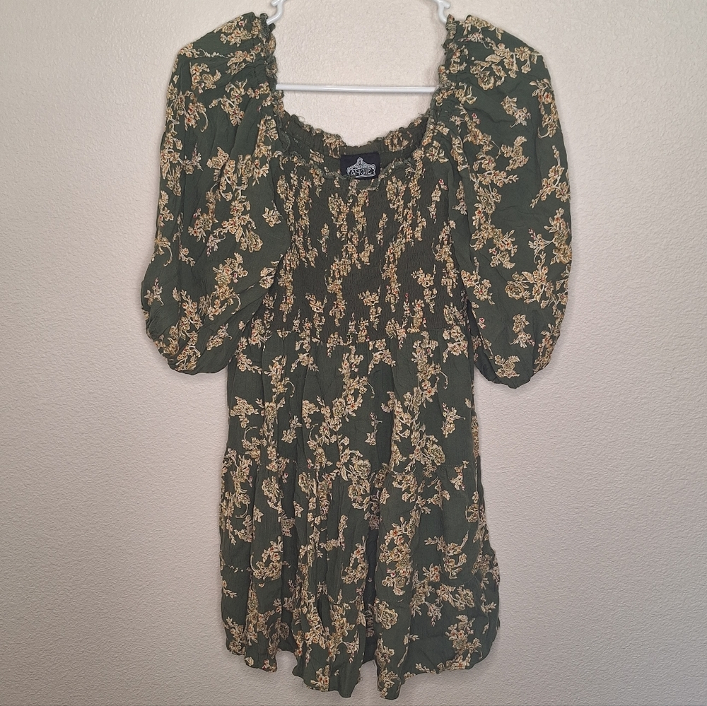 ANGIE Cottagecore Floral Lightweight Mini Dress with Puff Sleeves Size L